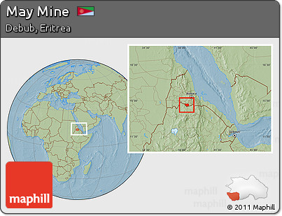 Savanna Style Location Map of May Mine, within the entire country, hill shading