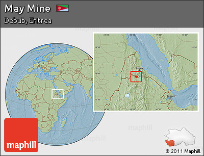 Savanna Style Location Map of May Mine, within the entire country, hill shading