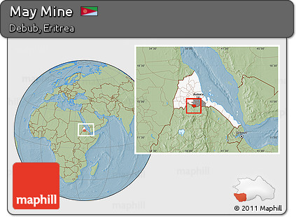 Savanna Style Location Map of May Mine, highlighted country, highlighted parent region, within the entire country, hill shading