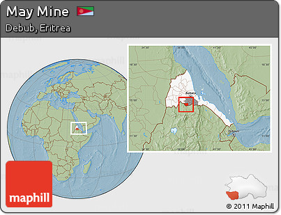 Savanna Style Location Map of May Mine, highlighted country, highlighted parent region, within the entire country, hill shading
