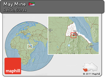 Savanna Style Location Map of May Mine, highlighted country, highlighted parent region, hill shading