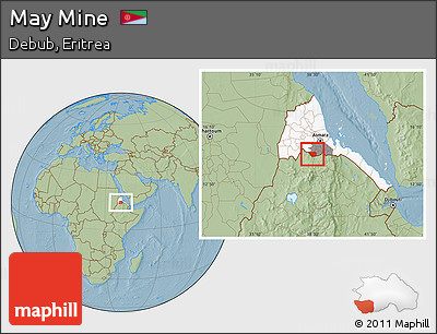 Savanna Style Location Map of May Mine, highlighted country, highlighted parent region, hill shading