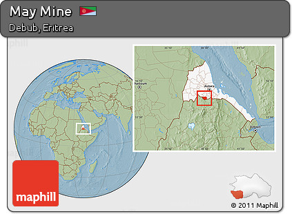 Savanna Style Location Map of May Mine, highlighted country, hill shading