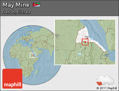 Savanna Style Location Map of May Mine, highlighted country, hill shading