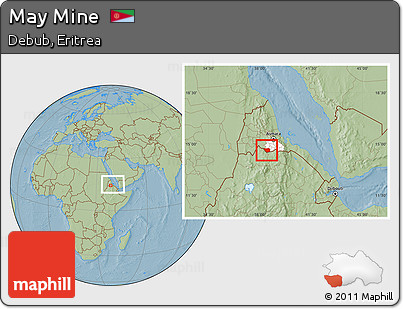 Savanna Style Location Map of May Mine, highlighted parent region, within the entire country, hill shading