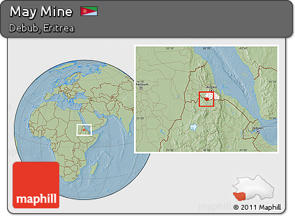 Savanna Style Location Map of May Mine, highlighted parent region, hill shading