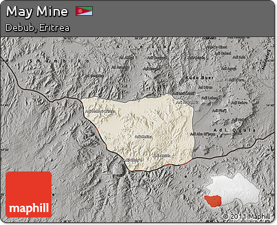 Shaded Relief Map of May Mine, darken, semi-desaturated