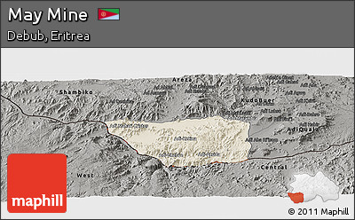 Shaded Relief Panoramic Map of May Mine, darken, semi-desaturated