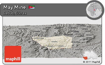 Shaded Relief Panoramic Map of May Mine, darken, semi-desaturated