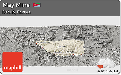 Shaded Relief Panoramic Map of May Mine, darken, semi-desaturated