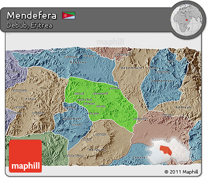 Political 3D Map of Mendefera, semi-desaturated