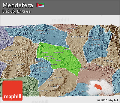 Political 3D Map of Mendefera, semi-desaturated
