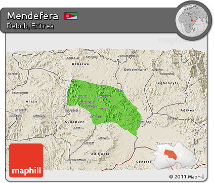 Political 3D Map of Mendefera, shaded relief outside