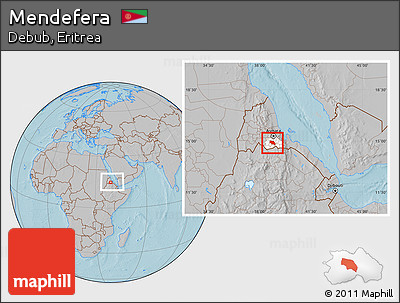 Gray Location Map of Mendefera, highlighted parent region, within the entire country, hill shading