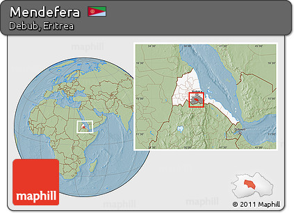 Savanna Style Location Map of Mendefera, highlighted country, highlighted parent region, within the entire country, hill shading