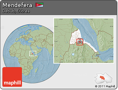 Savanna Style Location Map of Mendefera, highlighted country, highlighted parent region, within the entire country, hill shading