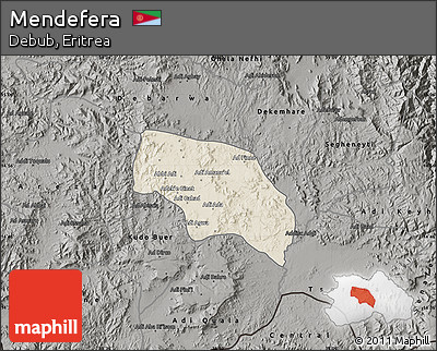 Shaded Relief Map of Mendefera, darken, semi-desaturated