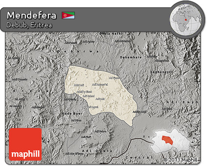 Shaded Relief Map of Mendefera, darken, semi-desaturated