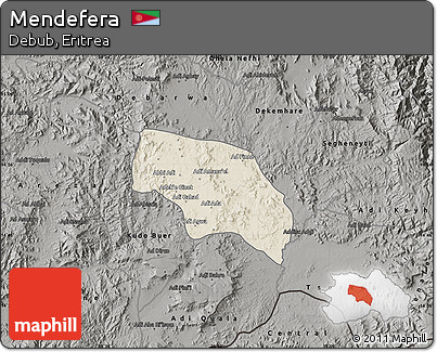 Shaded Relief Map of Mendefera, darken, semi-desaturated