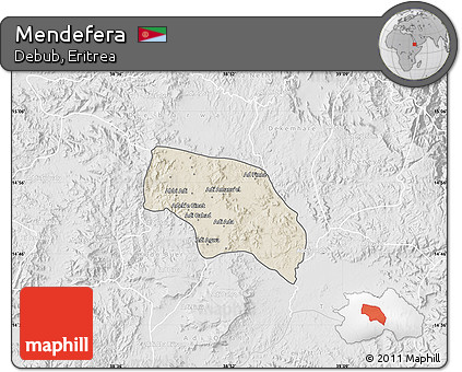 Shaded Relief Map of Mendefera, lighten, desaturated