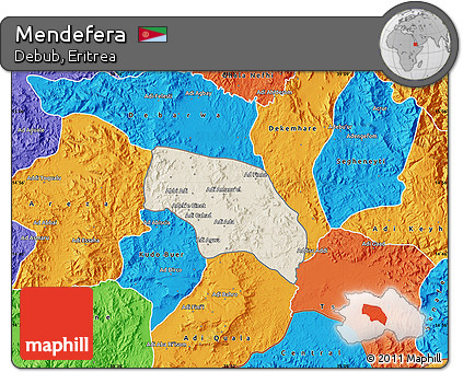 Shaded Relief Map of Mendefera, political outside