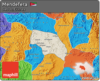 Shaded Relief Map of Mendefera, political outside
