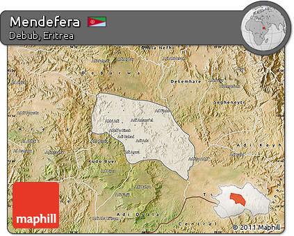 Shaded Relief Map of Mendefera, satellite outside