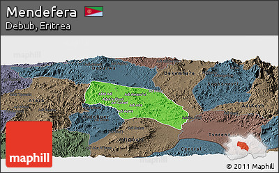 Political Panoramic Map of Mendefera, darken, semi-desaturated