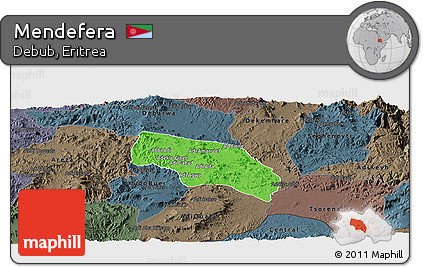 Political Panoramic Map of Mendefera, darken, semi-desaturated