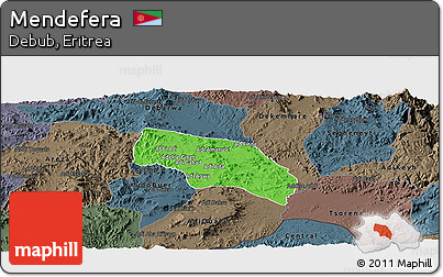 Political Panoramic Map of Mendefera, darken, semi-desaturated