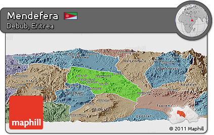 Political Panoramic Map of Mendefera, semi-desaturated
