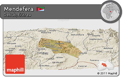 Satellite Panoramic Map of Mendefera, shaded relief outside