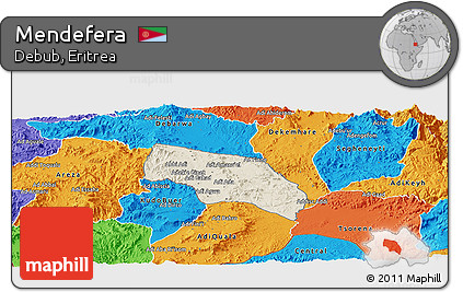 Shaded Relief Panoramic Map of Mendefera, political outside