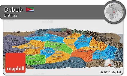 Political Panoramic Map of Debub, darken, semi-desaturated