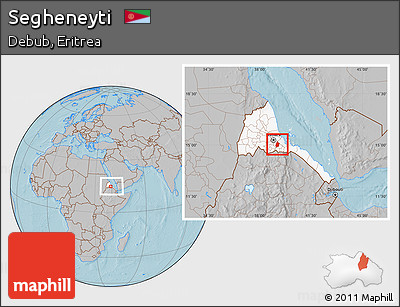 Gray Location Map of Segheneyti, highlighted country, within the entire country, hill shading