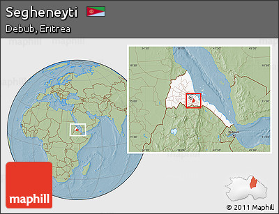 Savanna Style Location Map of Segheneyti, highlighted country, within the entire country, hill shading