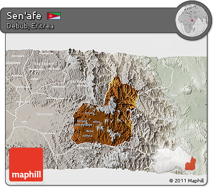 Physical 3D Map of Sen'afe, lighten, semi-desaturated