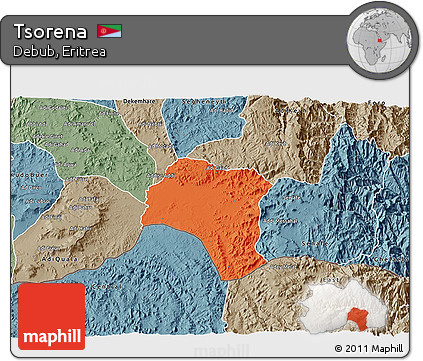 Political 3D Map of Tsorena, semi-desaturated