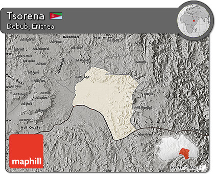 Shaded Relief Map of Tsorena, darken, semi-desaturated
