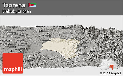 Shaded Relief Panoramic Map of Tsorena, darken, semi-desaturated
