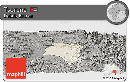 Shaded Relief Panoramic Map of Tsorena, darken, semi-desaturated