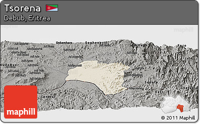 Shaded Relief Panoramic Map of Tsorena, darken, semi-desaturated