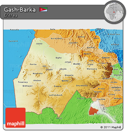 Physical 3D Map of Gash-Barka, political shades outside