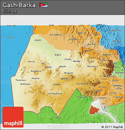 Physical 3D Map of Gash-Barka, political shades outside