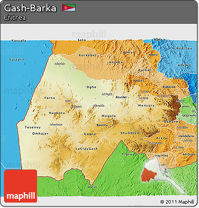 Physical 3D Map of Gash-Barka, political shades outside