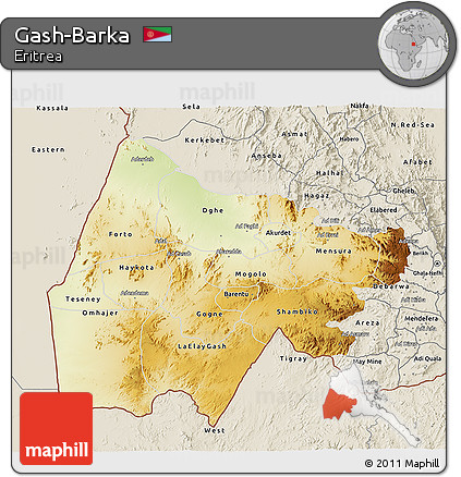 Physical 3D Map of Gash-Barka, shaded relief outside