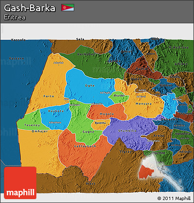 Political 3D Map of Gash-Barka, darken