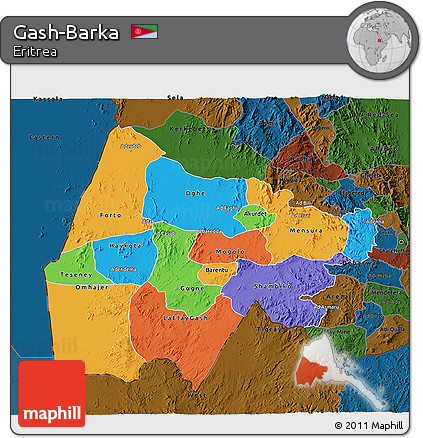 Political 3D Map of Gash-Barka, darken