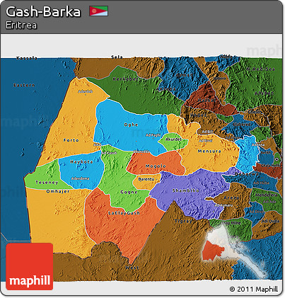 Political 3D Map of Gash-Barka, darken