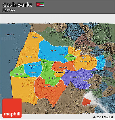 Political 3D Map of Gash-Barka, darken, semi-desaturated